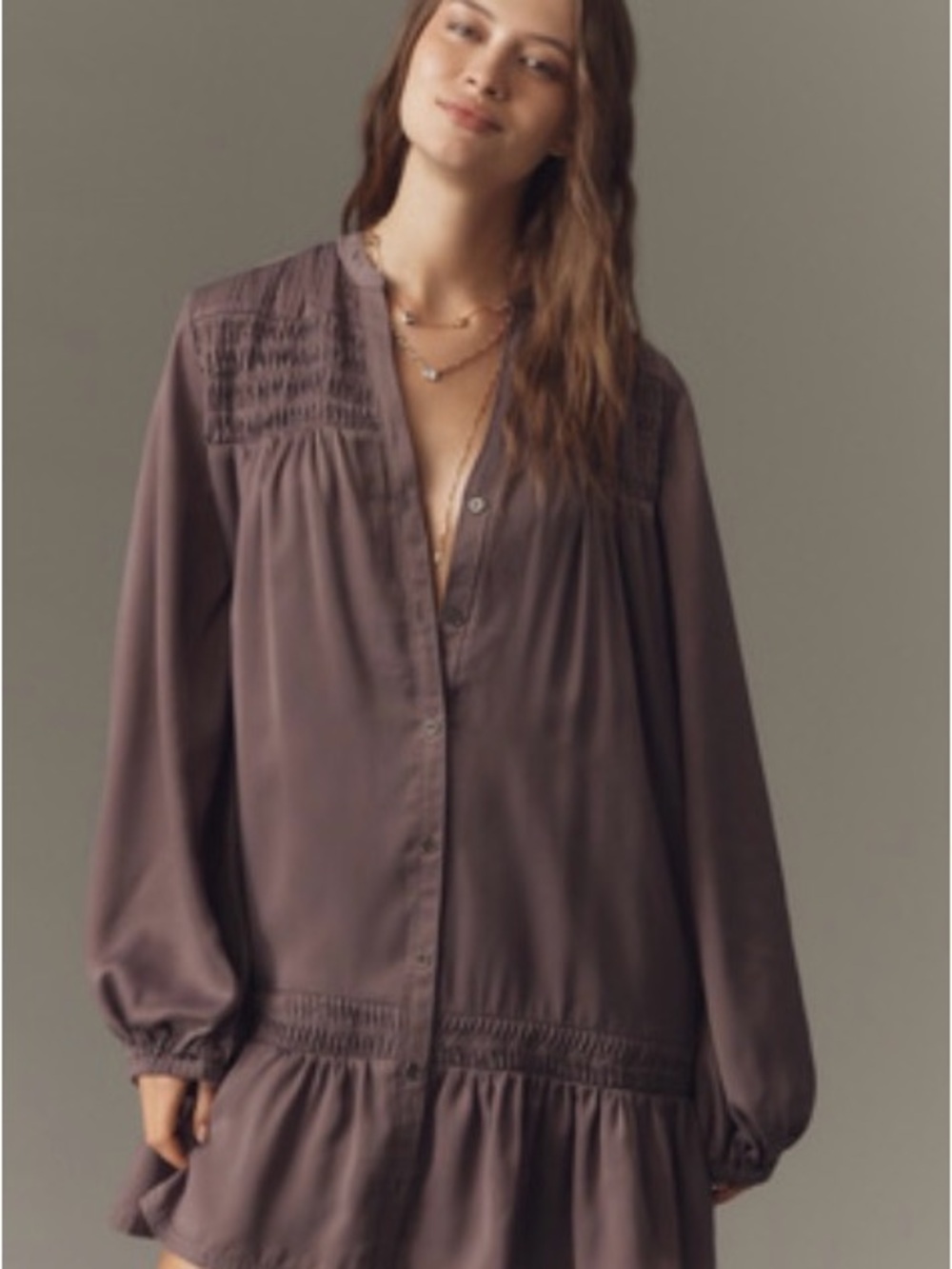 Pilcro Mauve Button-Front Smocked Peplum Tunic